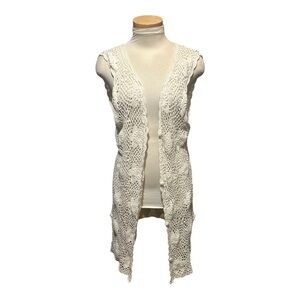 Boho Long  White Floral  Crochet Open Vest with Buttons One Size